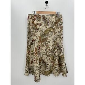 Joneswear Midi Skirt Women 12 Linen Cotton Neutral Brown Paisley Cottage Ruffle